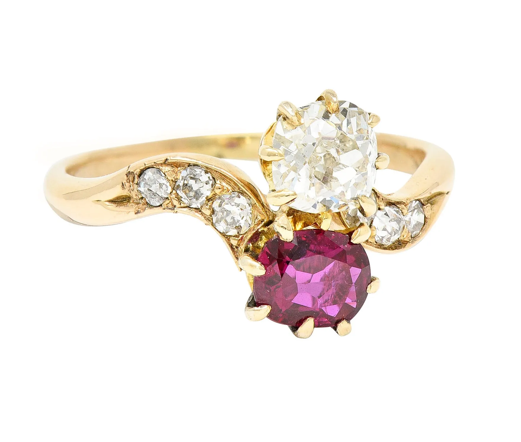 1900 Victorian 1.30 CTW Ruby Diamond 14 Karat Gold Toi Et Moi Ring