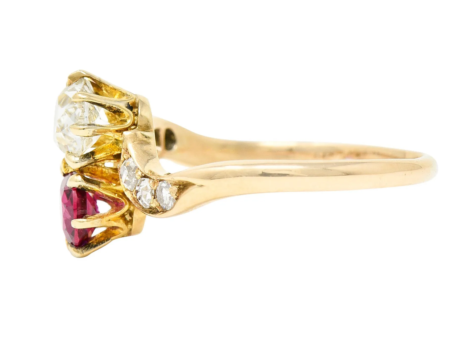 1900 Victorian 1.30 CTW Ruby Diamond 14 Karat Gold Toi Et Moi Ring