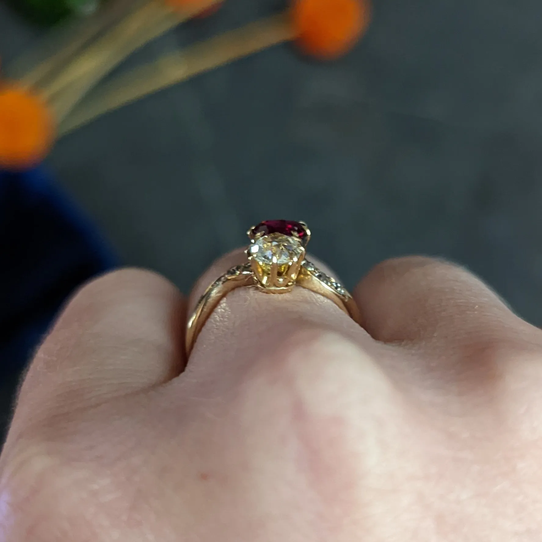 1900 Victorian 1.30 CTW Ruby Diamond 14 Karat Gold Toi Et Moi Ring