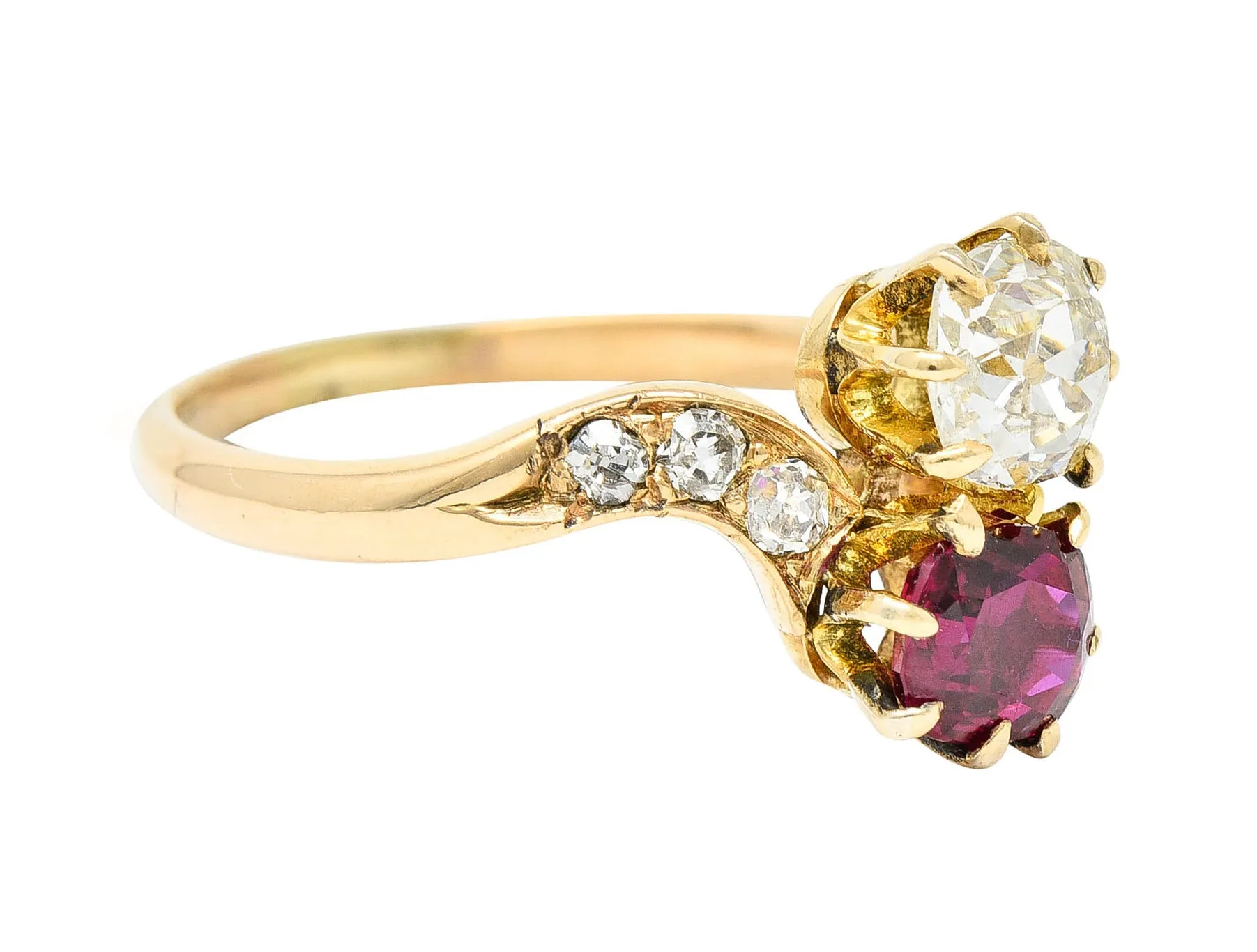 1900 Victorian 1.30 CTW Ruby Diamond 14 Karat Gold Toi Et Moi Ring