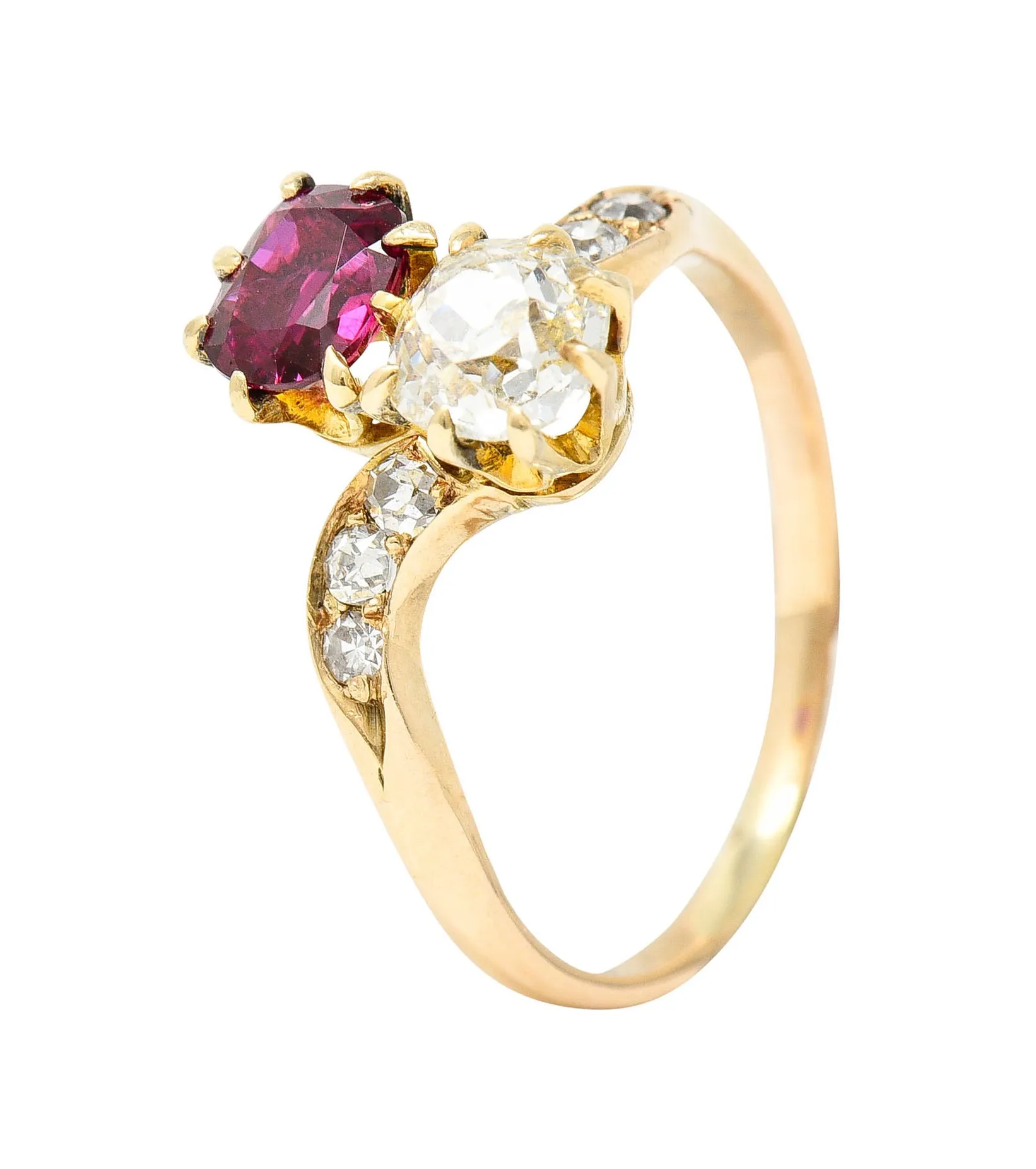 1900 Victorian 1.30 CTW Ruby Diamond 14 Karat Gold Toi Et Moi Ring