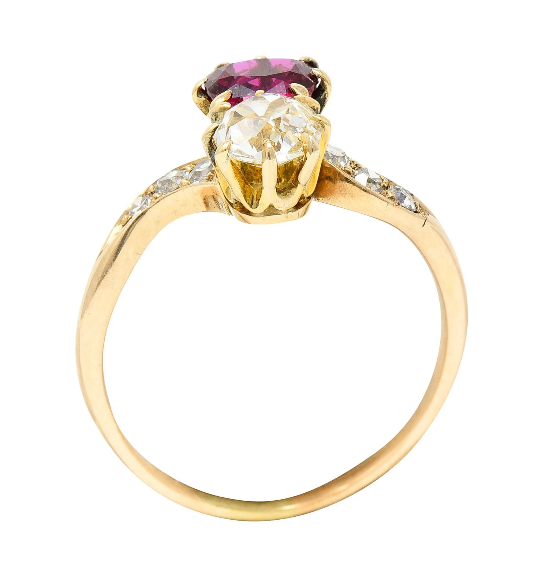 1900 Victorian 1.30 CTW Ruby Diamond 14 Karat Gold Toi Et Moi Ring