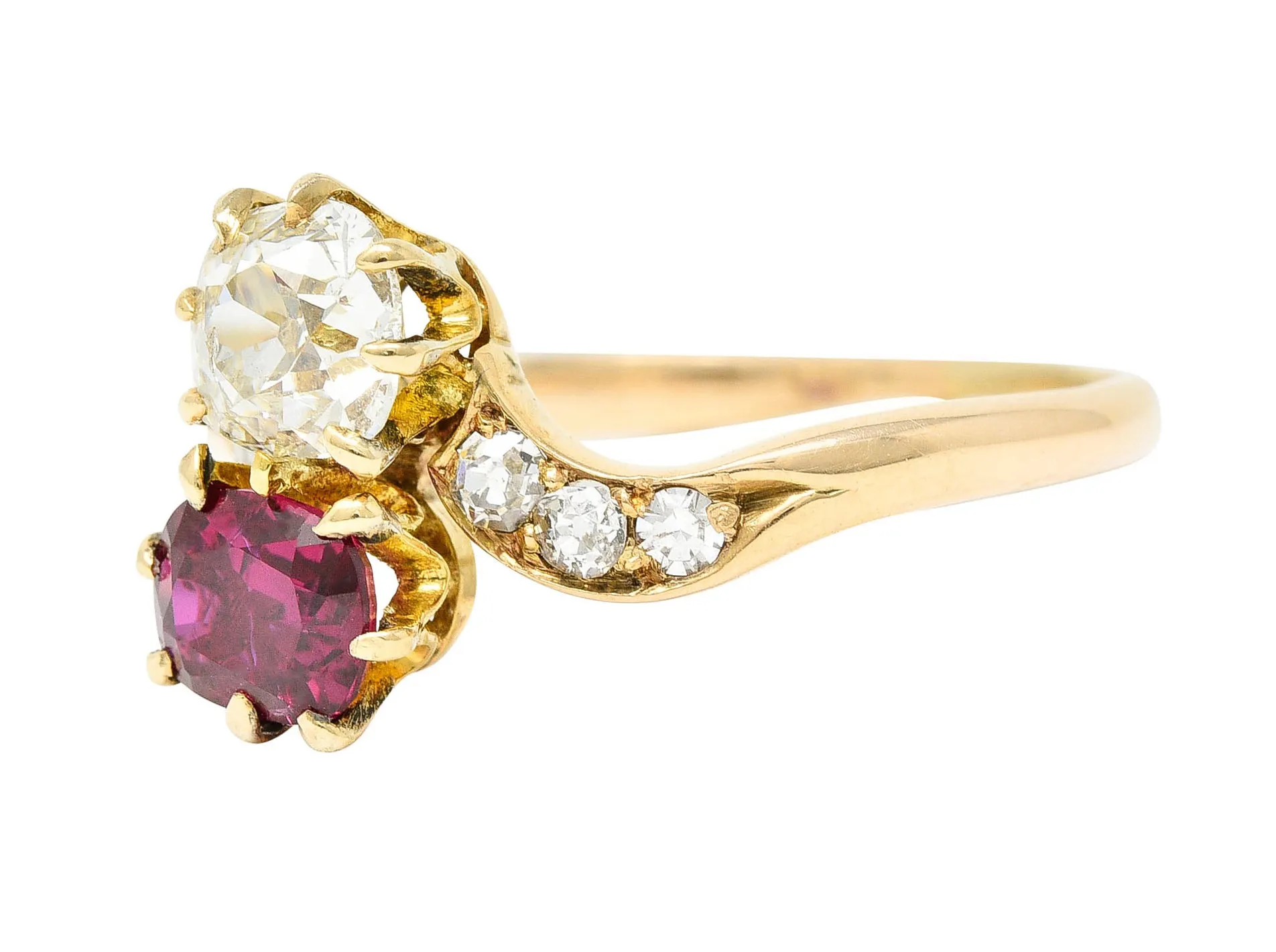 1900 Victorian 1.30 CTW Ruby Diamond 14 Karat Gold Toi Et Moi Ring