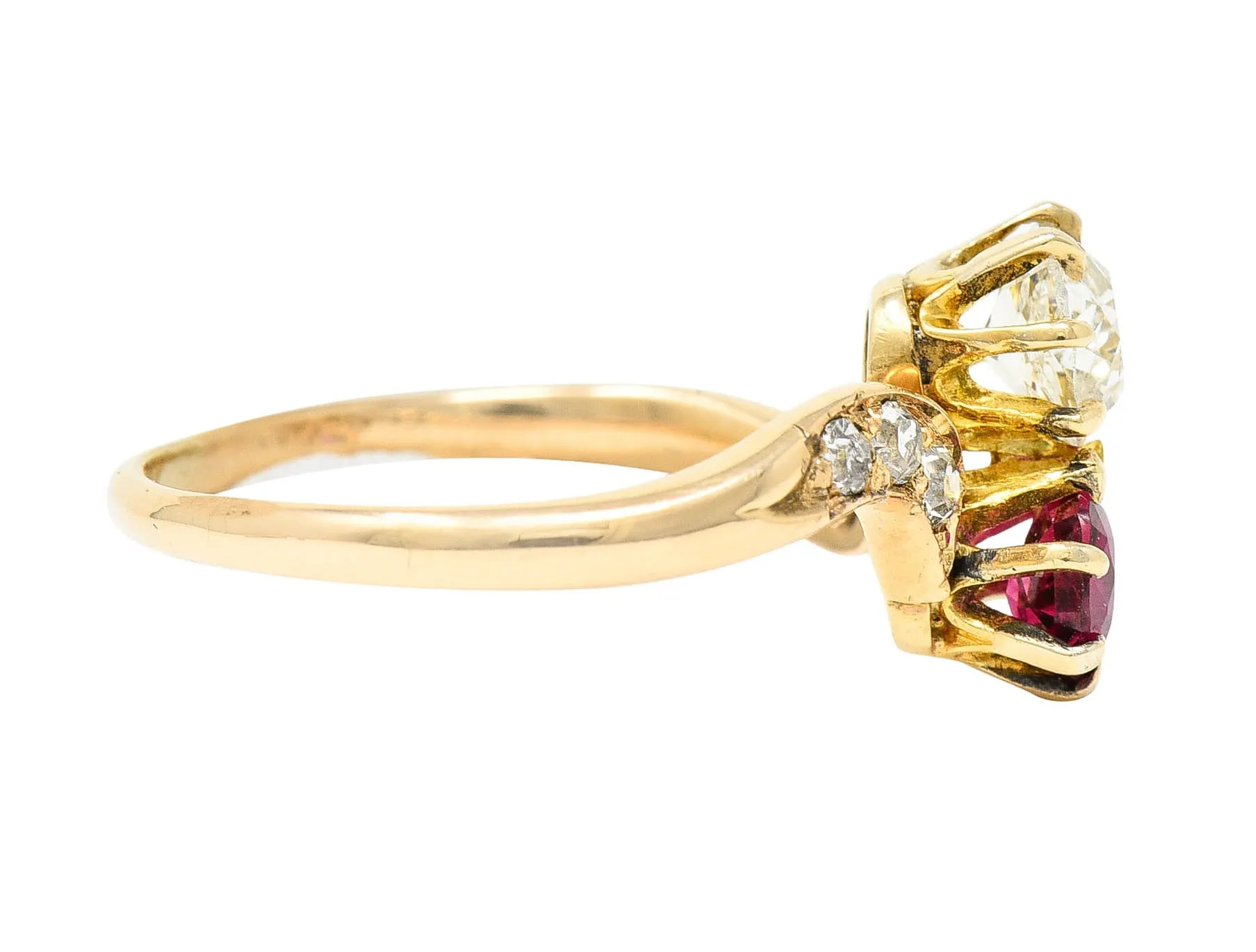 1900 Victorian 1.30 CTW Ruby Diamond 14 Karat Gold Toi Et Moi Ring