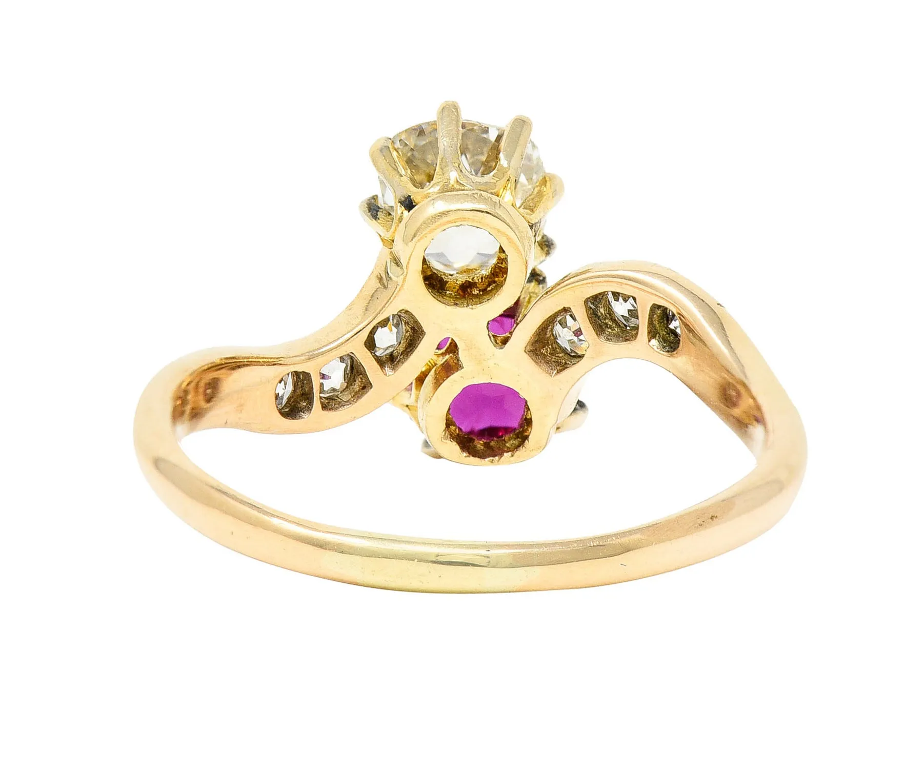 1900 Victorian 1.30 CTW Ruby Diamond 14 Karat Gold Toi Et Moi Ring