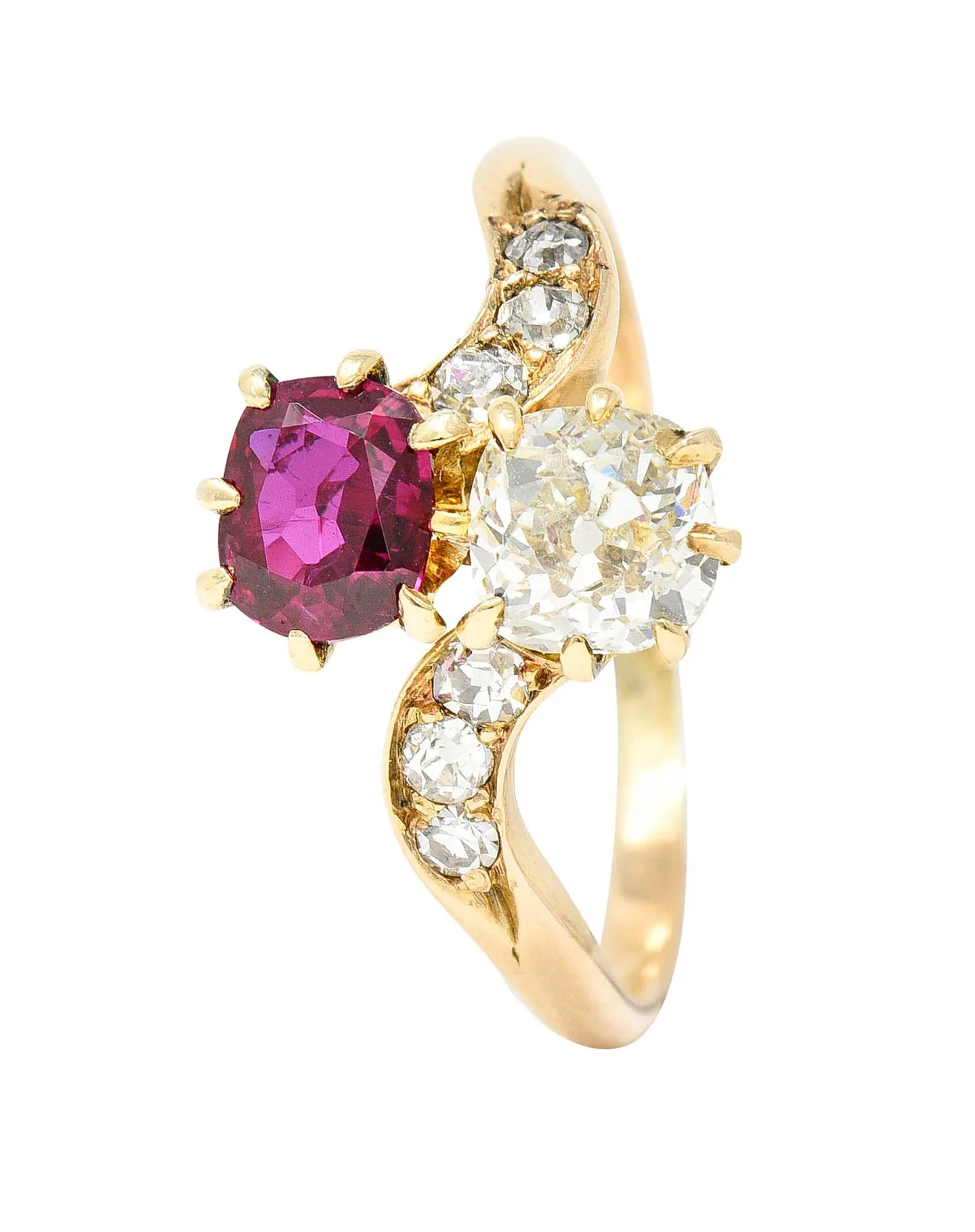 1900 Victorian 1.30 CTW Ruby Diamond 14 Karat Gold Toi Et Moi Ring