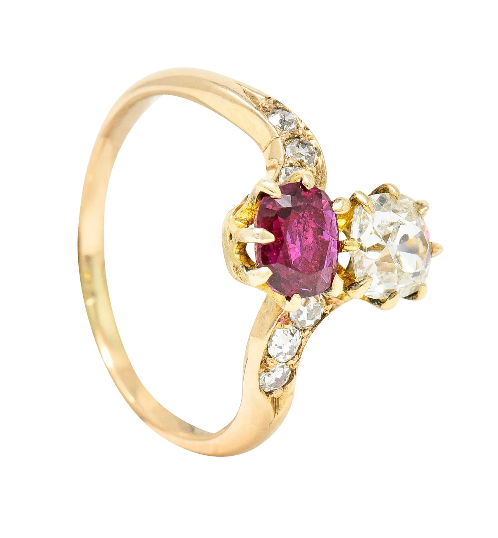 1900 Victorian 1.30 CTW Ruby Diamond 14 Karat Gold Toi Et Moi Ring