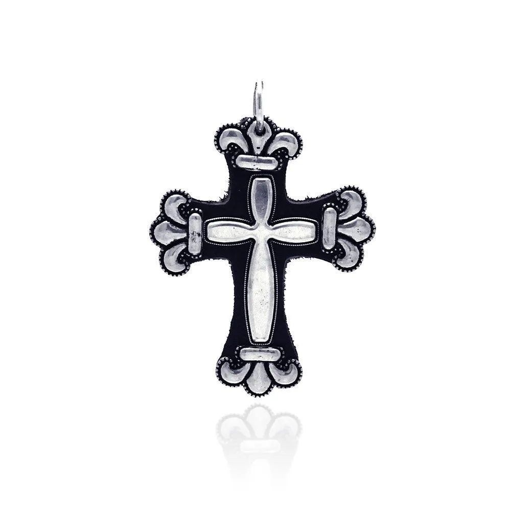 925 Sterling Silver Fleur-De-Lis Leather Framed Cross - OXP00013