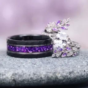 Amethyst & Diamond (cz) Leaf Couples Ring