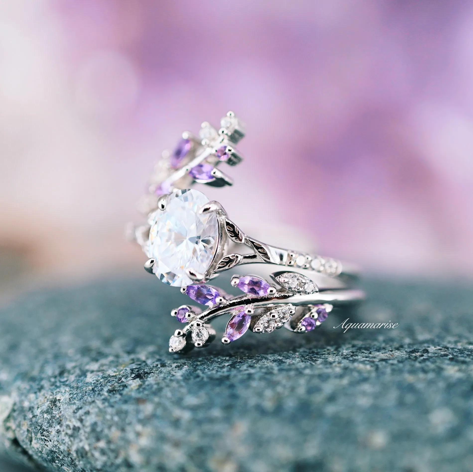 Amethyst & Diamond (cz) Leaf Couples Ring