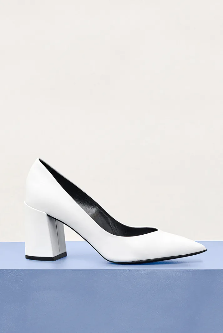 Block Heel White Leather Pumps