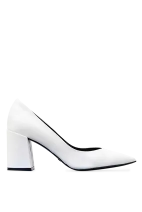 Block Heel White Leather Pumps