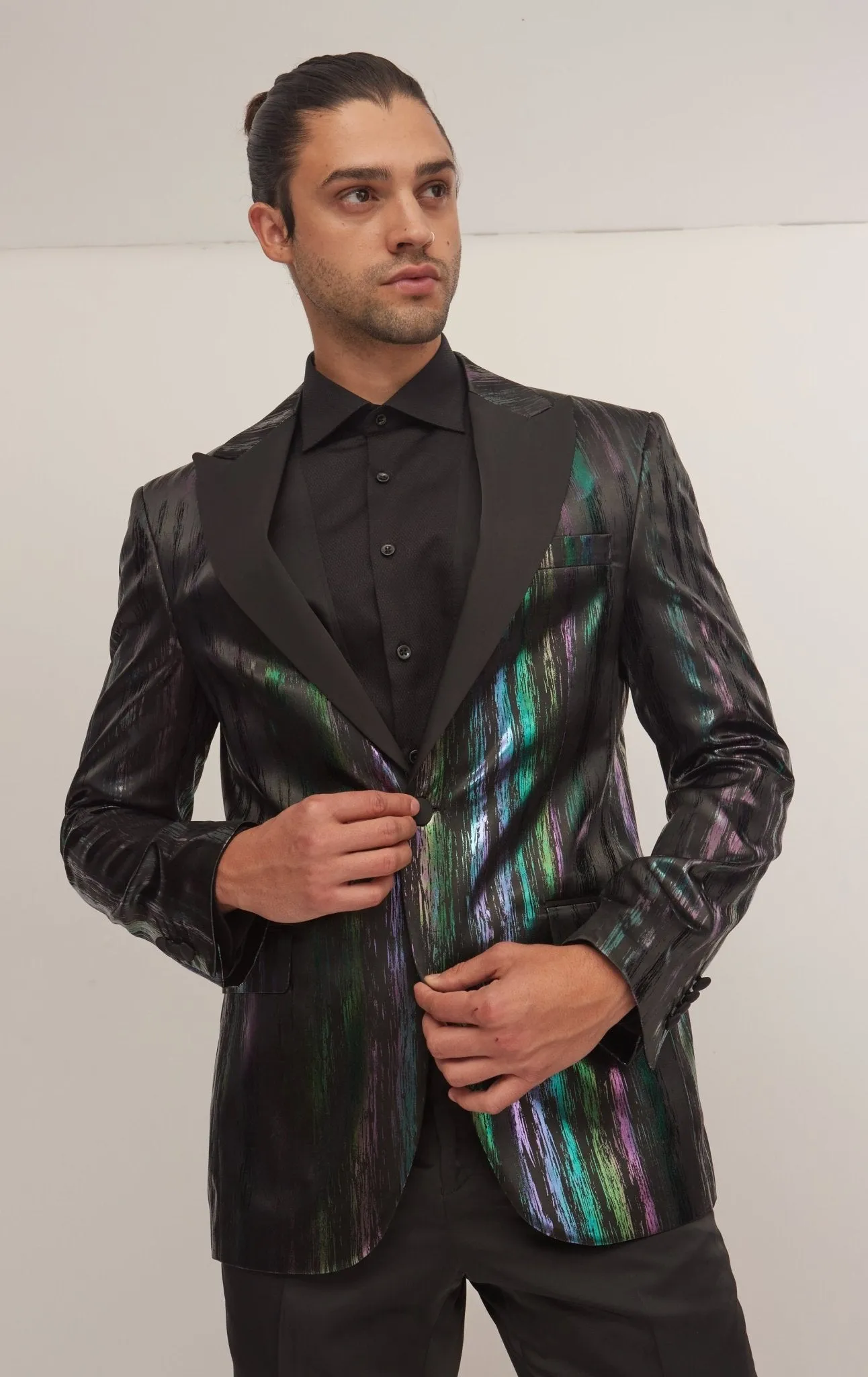 Brush Stroke Wet Look Peak Lapel Tuxedo Jacket - Multi