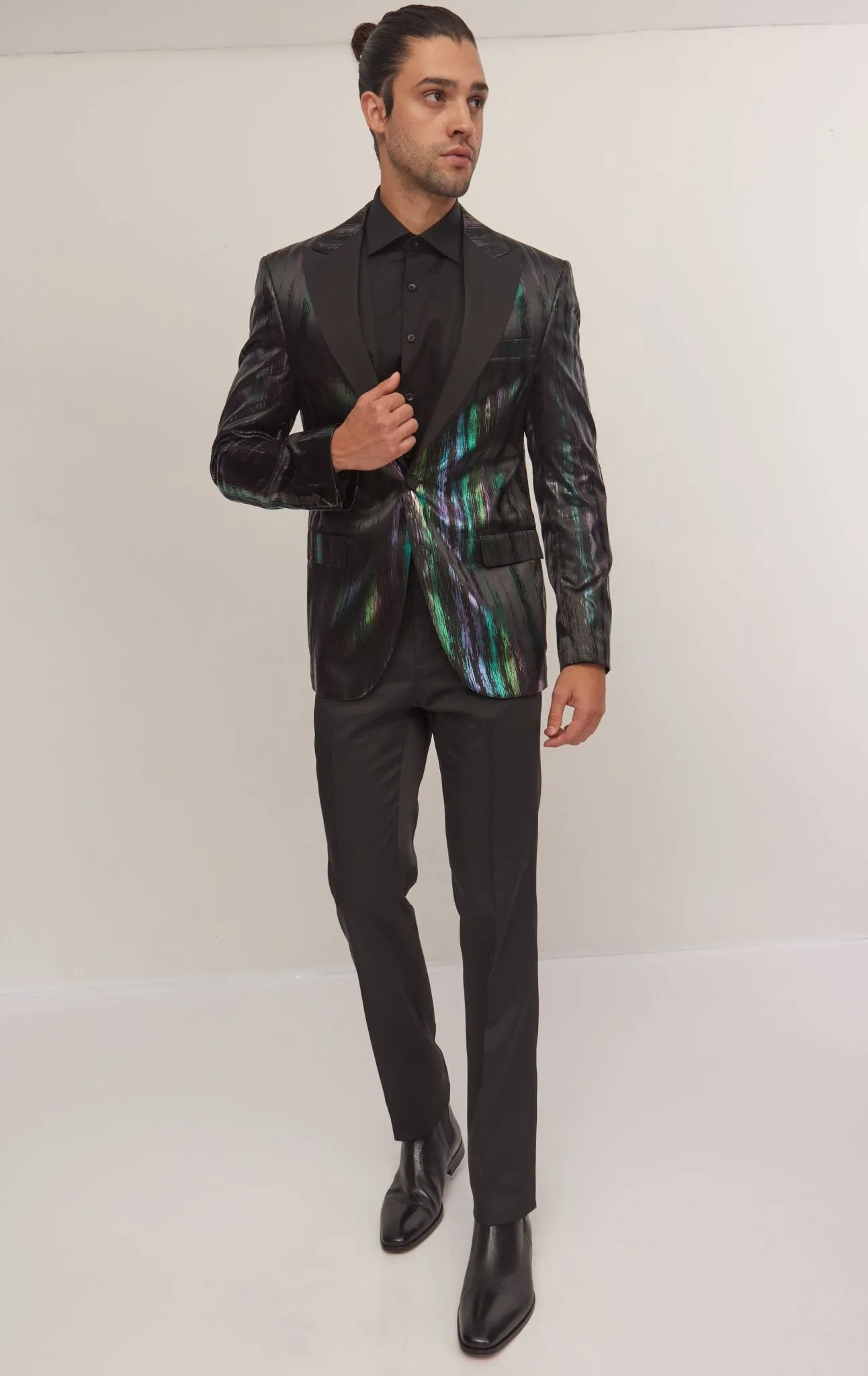 Brush Stroke Wet Look Peak Lapel Tuxedo Jacket - Multi