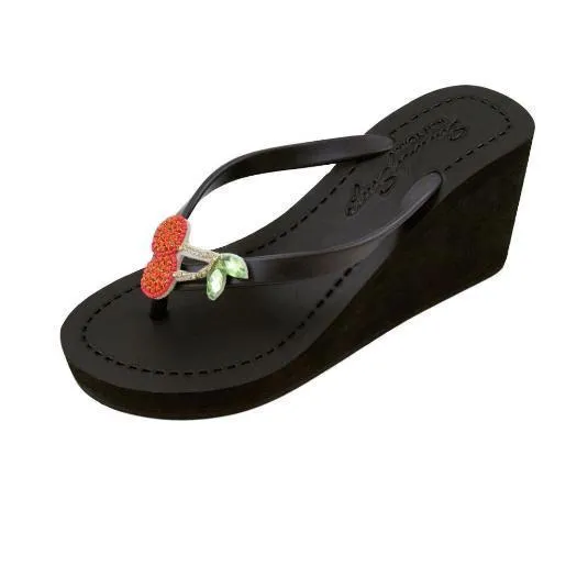 Cherry -Red Rhine Stone Embroidered Women's High Wedge Flip Flops Sandal