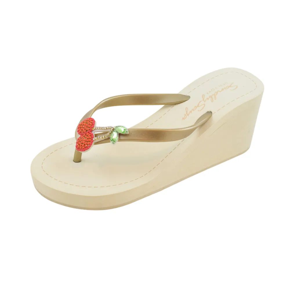 Cherry -Red Rhine Stone Embroidered Women's High Wedge Flip Flops Sandal