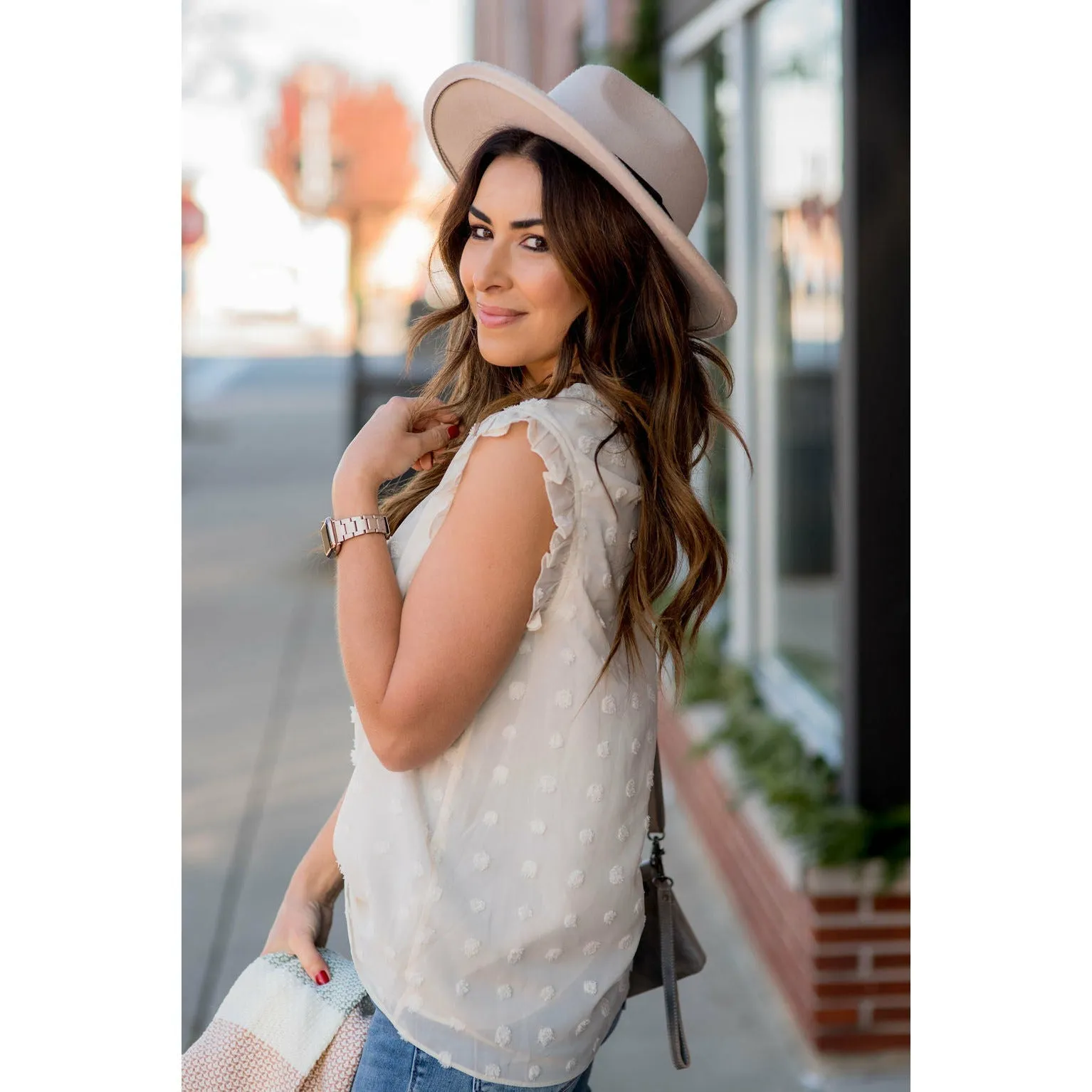 Cinched Neck Ruffle Swiss Dot Tank