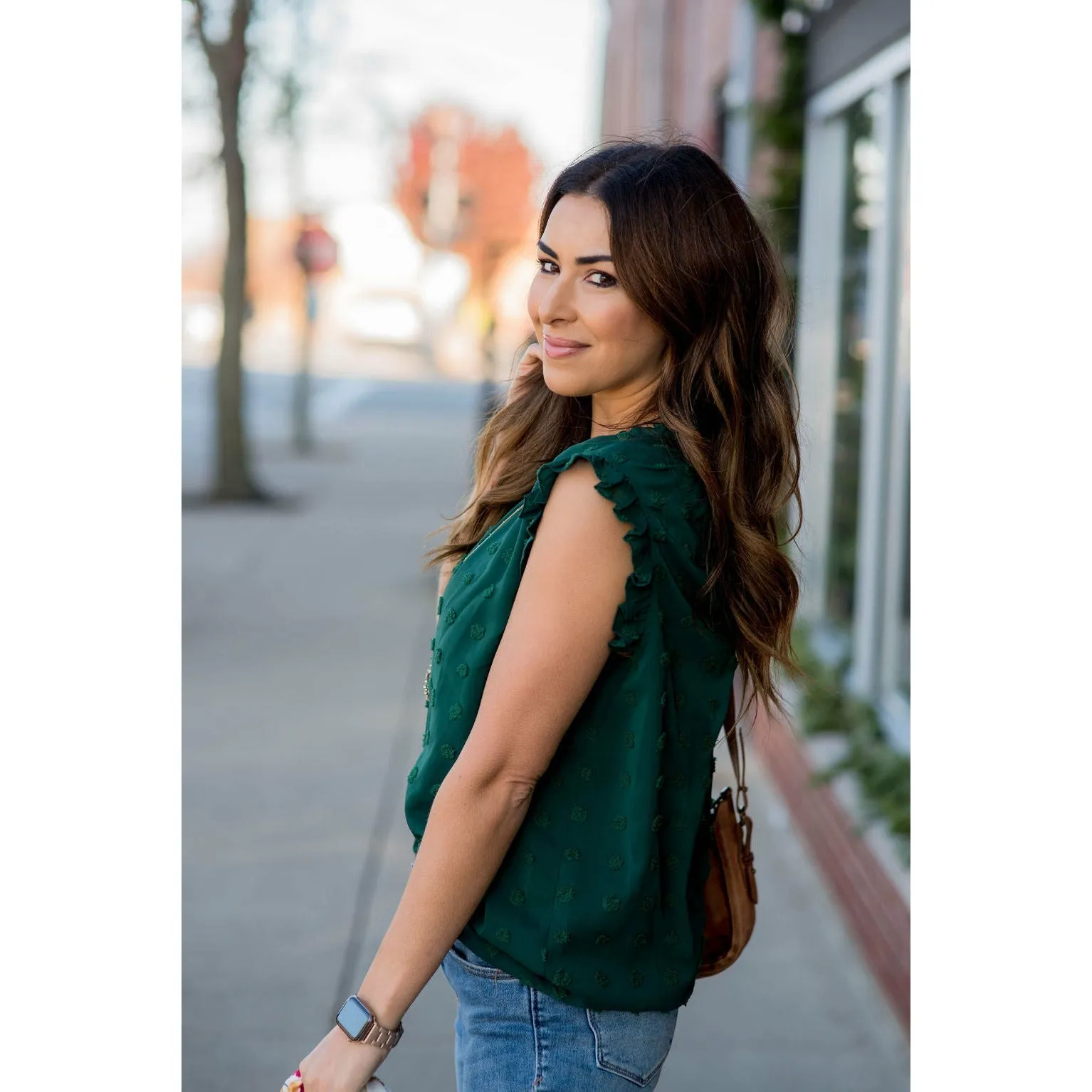 Cinched Neck Ruffle Swiss Dot Tank