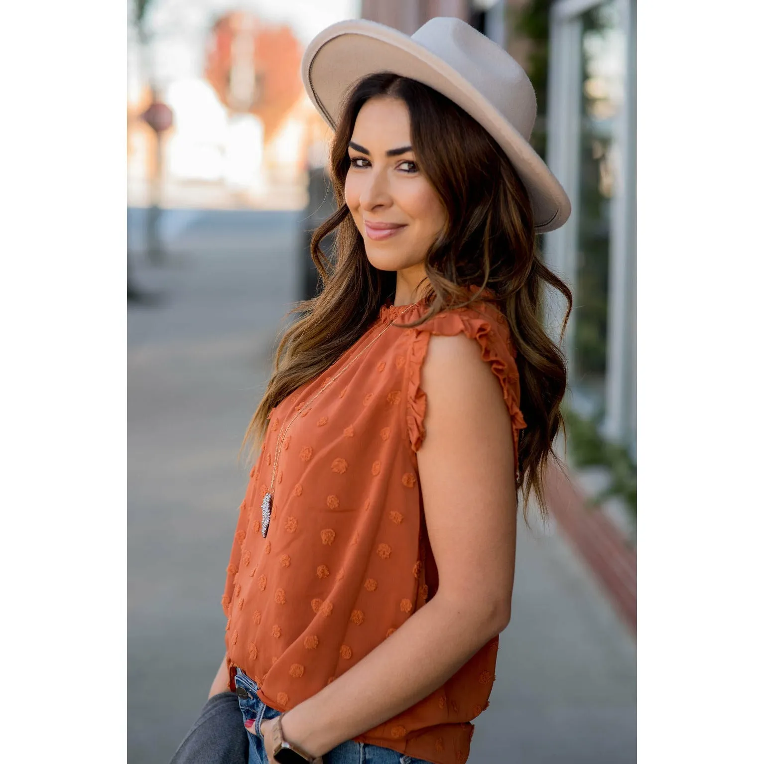 Cinched Neck Ruffle Swiss Dot Tank