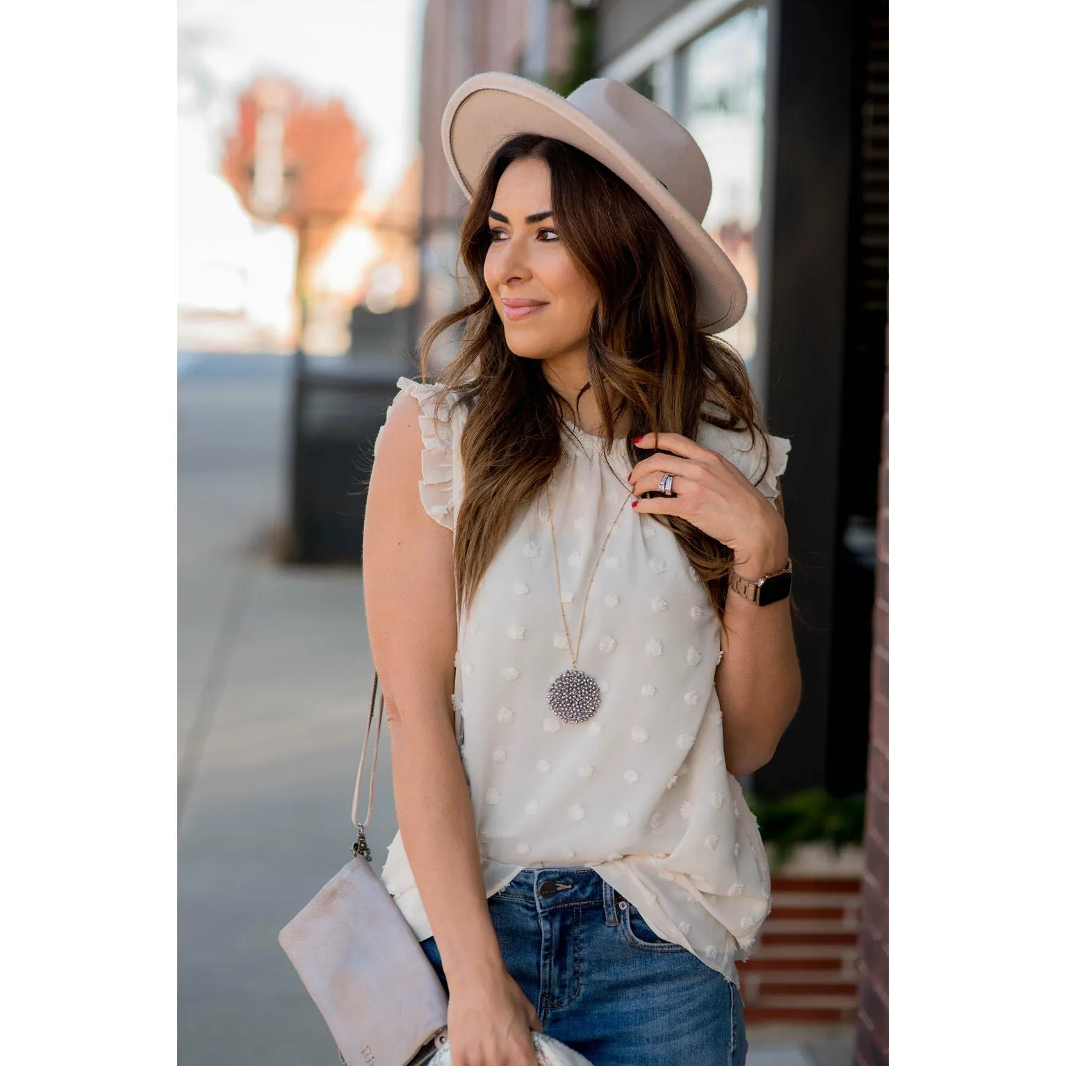 Cinched Neck Ruffle Swiss Dot Tank