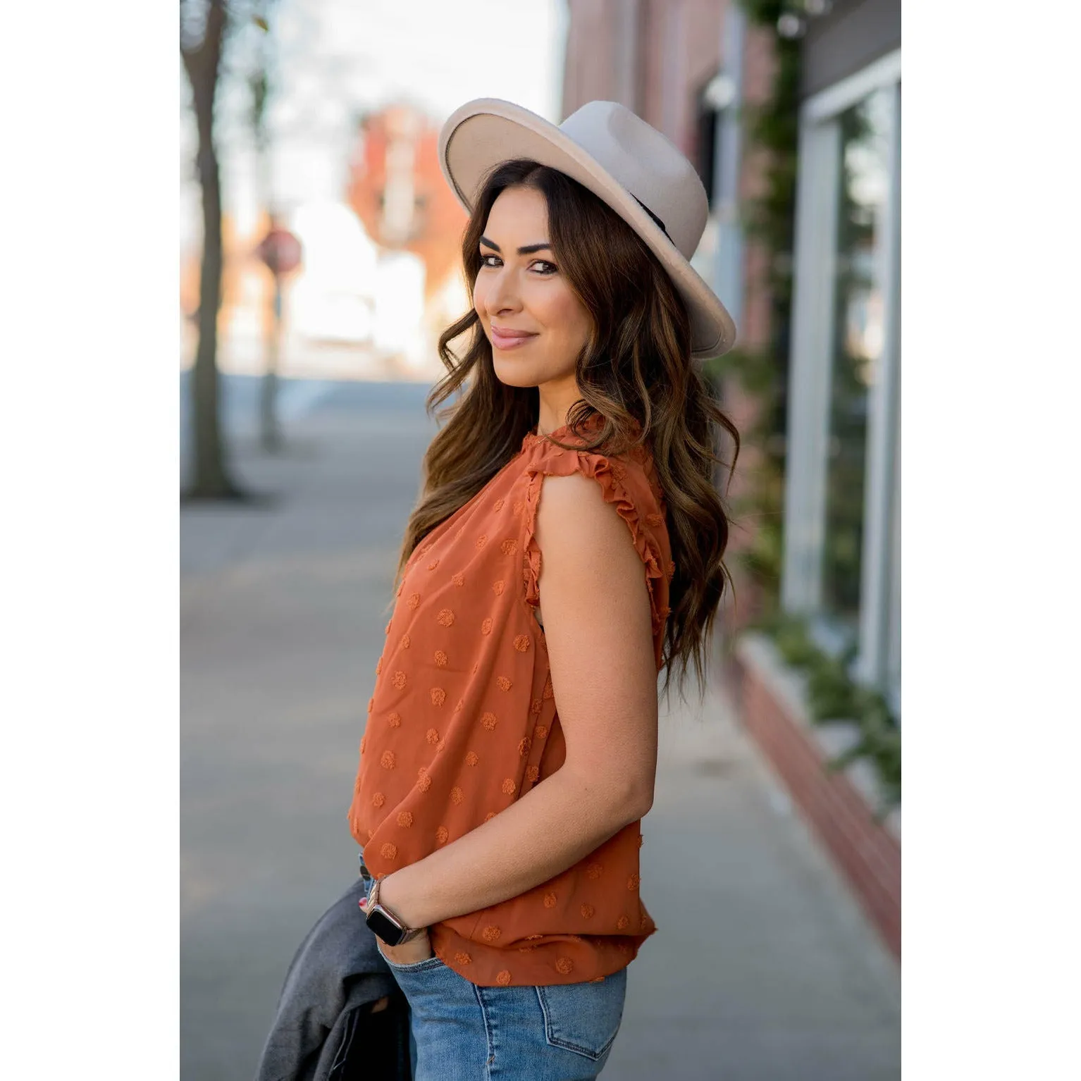 Cinched Neck Ruffle Swiss Dot Tank