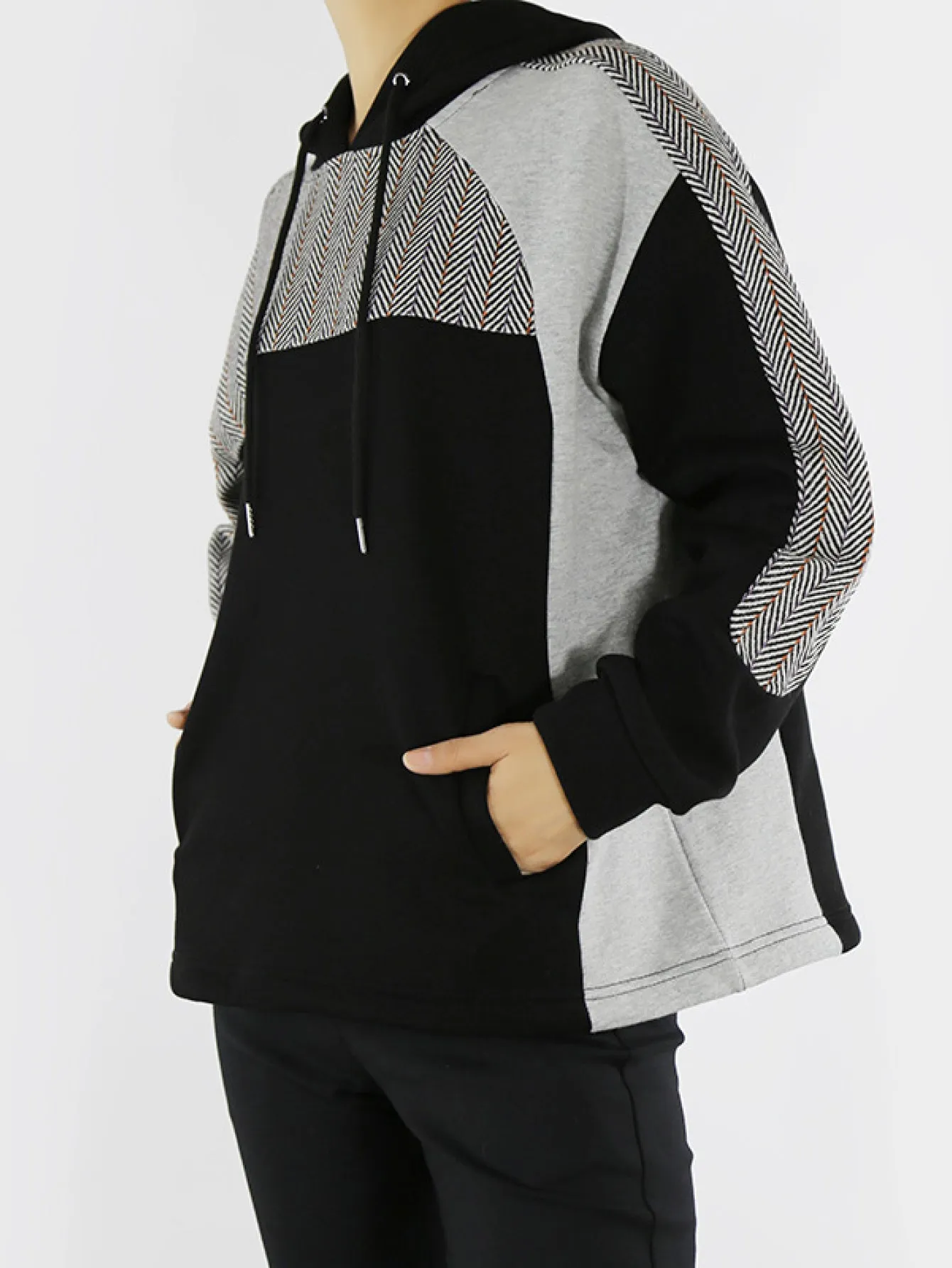 Color Block Herringbone Hoodie with Pockets