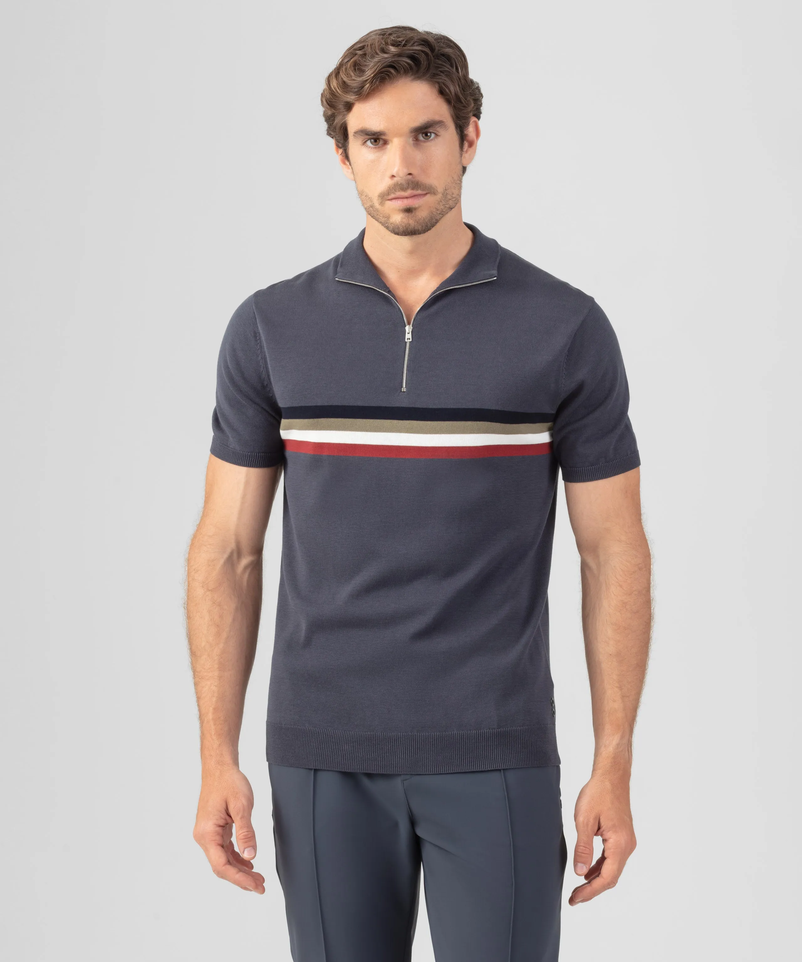 Cotton-Silk Polo w. Chest Stripes: Lava Grey