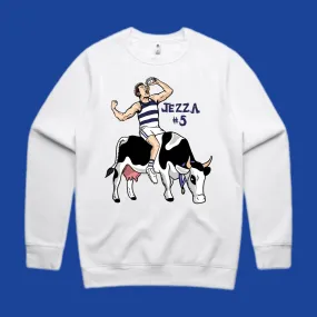 COW & JEZZA: WHITE JUMPER - FRONT PRINT ONLY