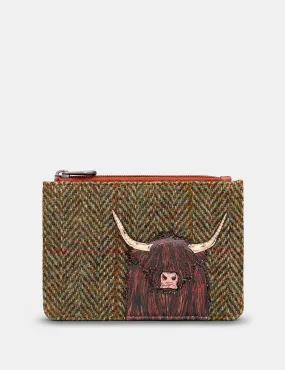 Highland Cow Harris Tweed & Brown Leather Zip Top Purse