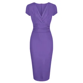 Lilac Deep V Neck Cap Sleeve Ruched Waist Bodycon Wiggle Dress