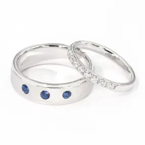 Melrose Moissanite and Blue Sapphire Wedding Rings in 18K gold