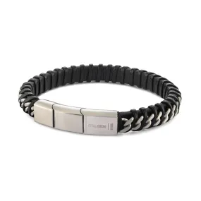 MEN'S BRACELET WITH BLACK LEATHER AND STEEL CURB STYLE