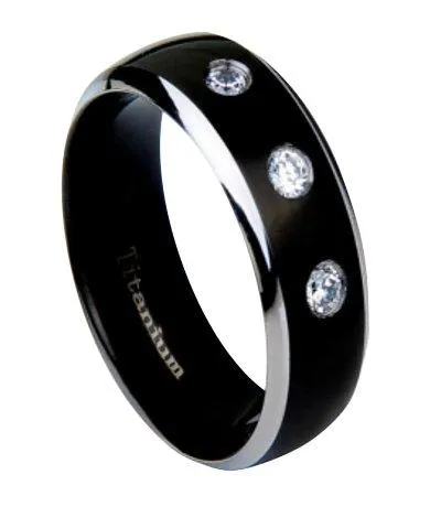 Men's Titanium Wedding Band with 3 CZs and Black IP Center | 8mm