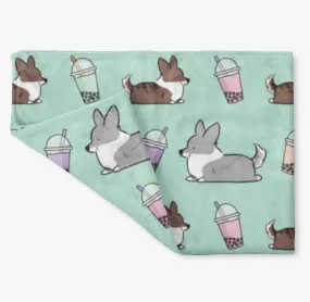 Mint Bubble Tea Cardigan Corgi Fleece Blanket | 3 Sizes