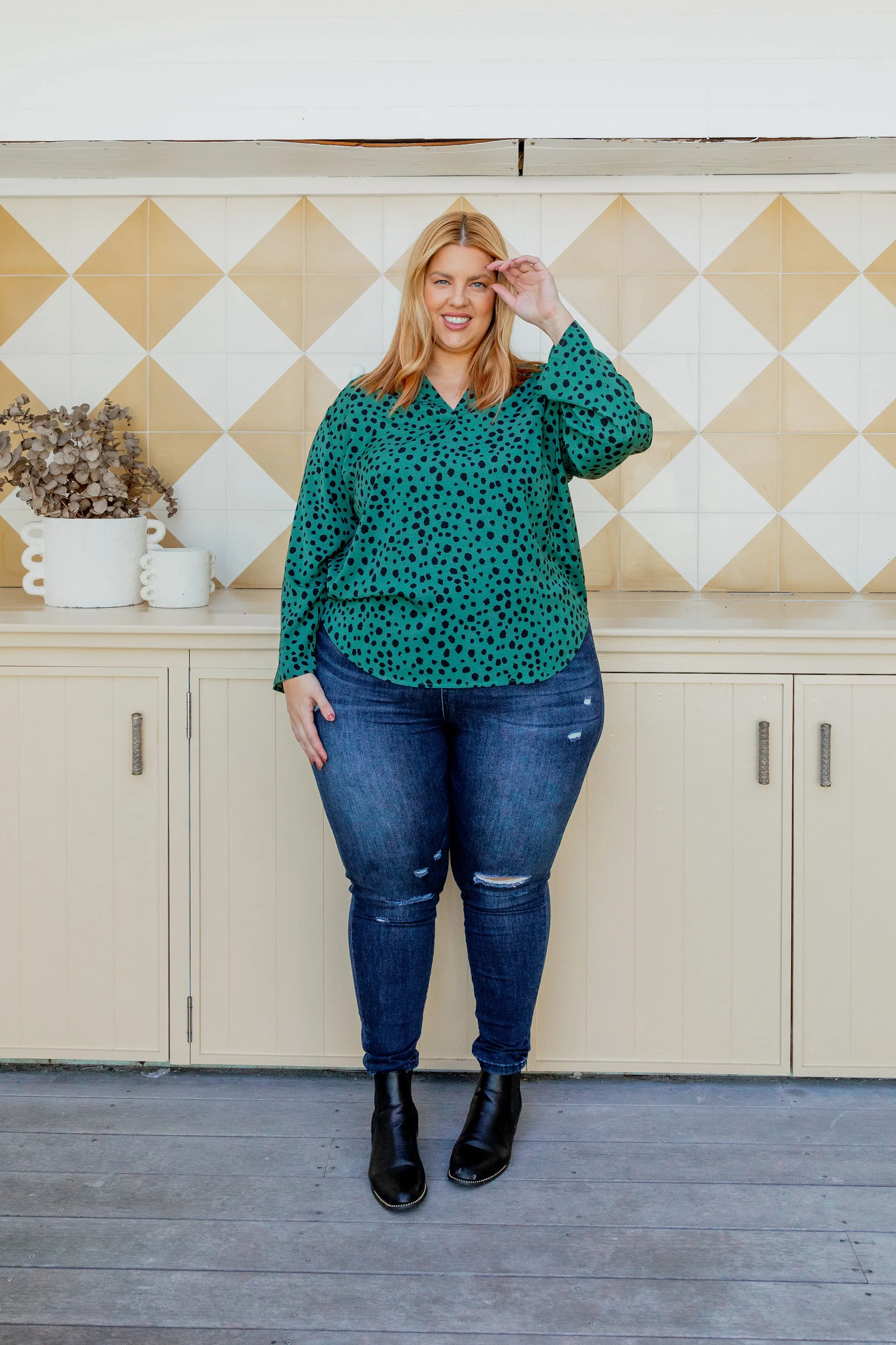 Olivia Green & Black Spot Top