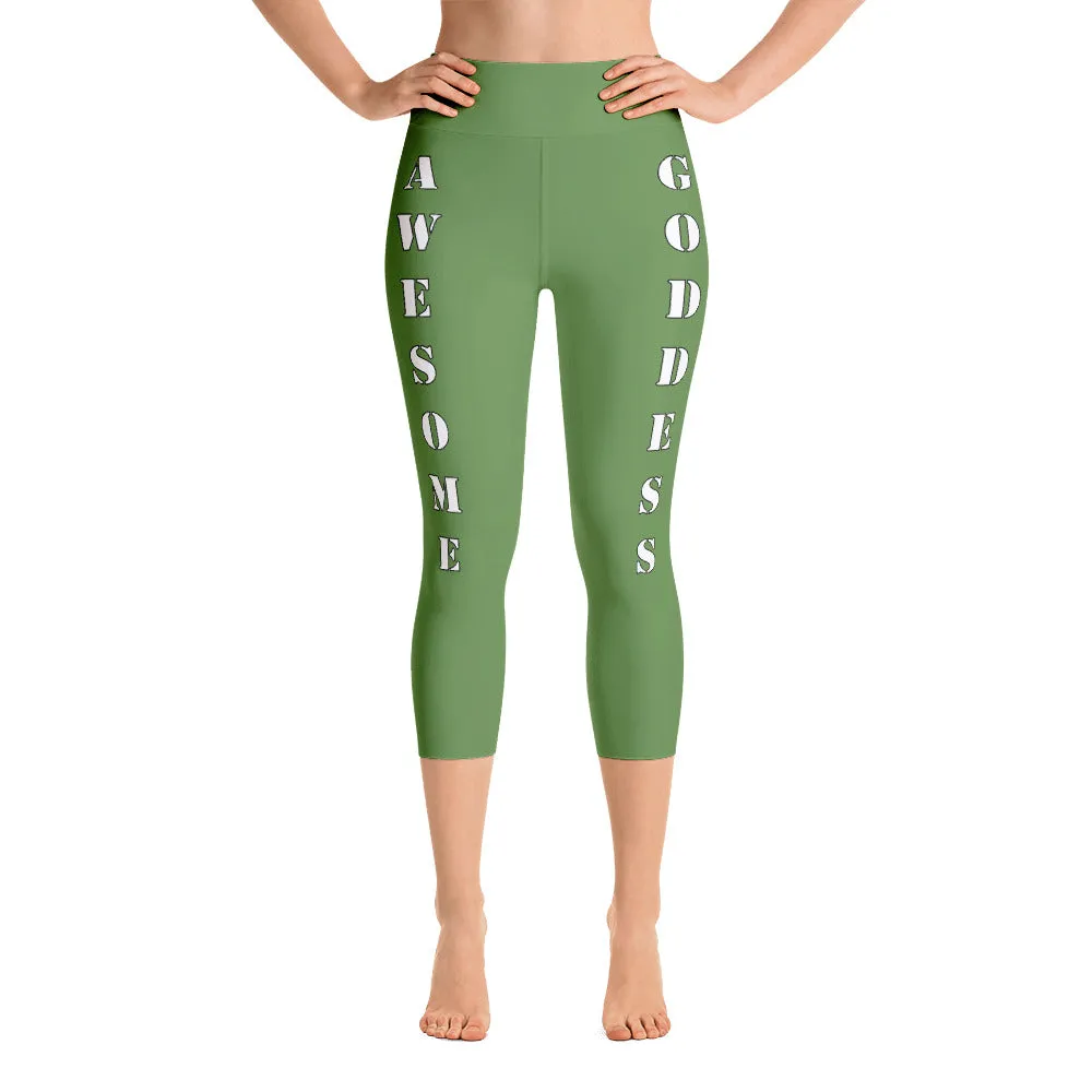 Our best viral leggings moss green awesome goddess white letters