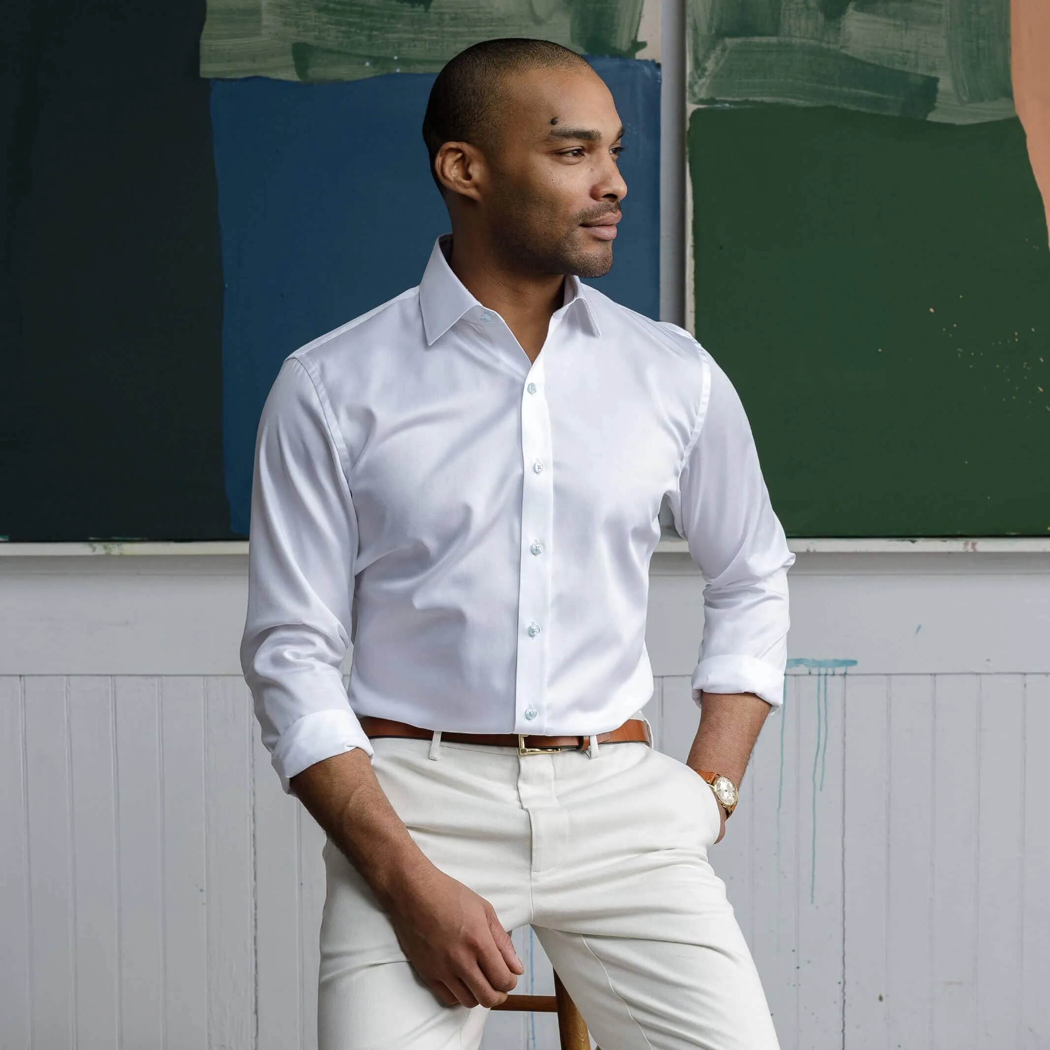 The White Madison Fine Twill with Light Blue Buttons Custom Shirt