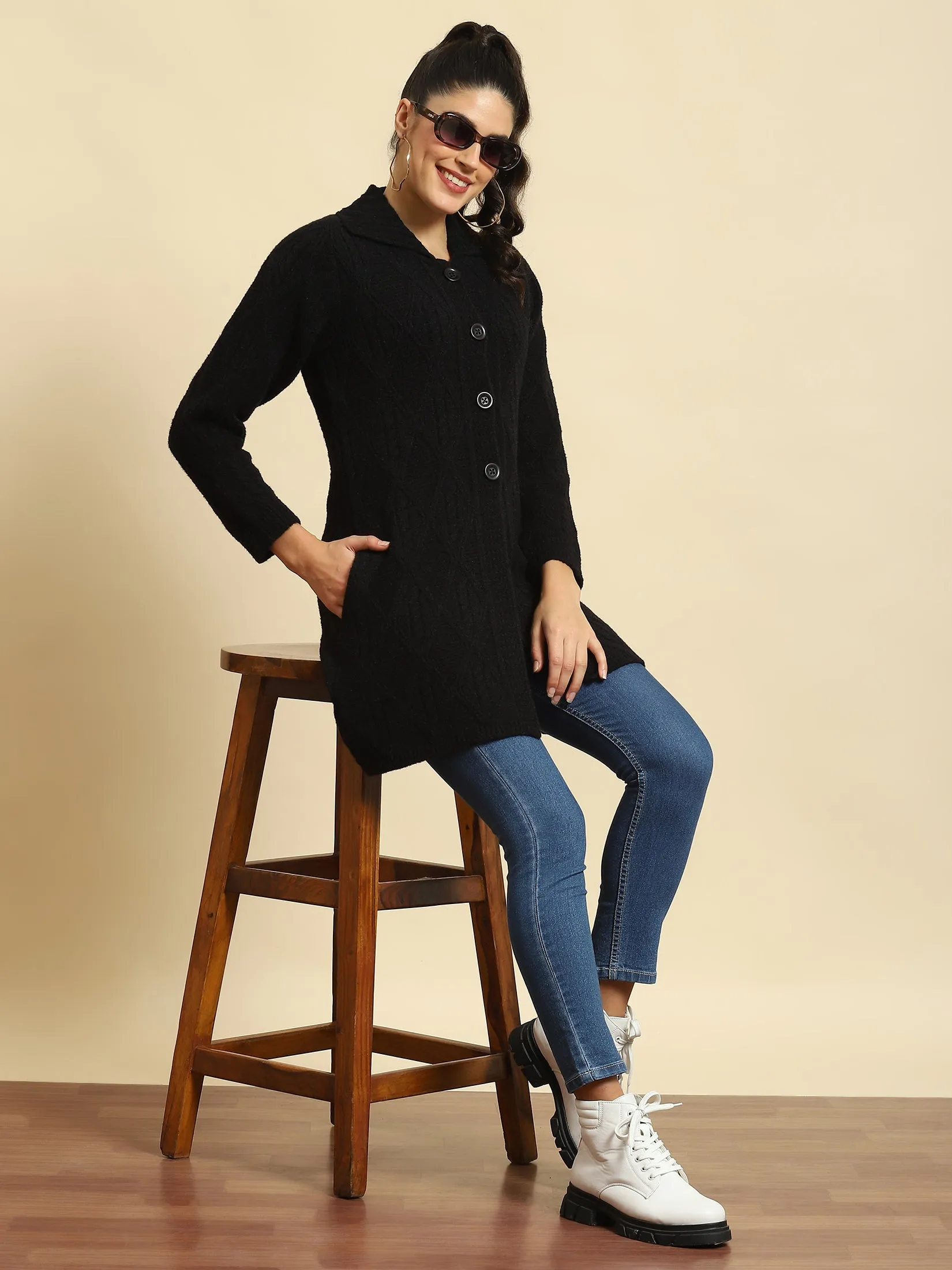 Women Black Solid Long Sweater